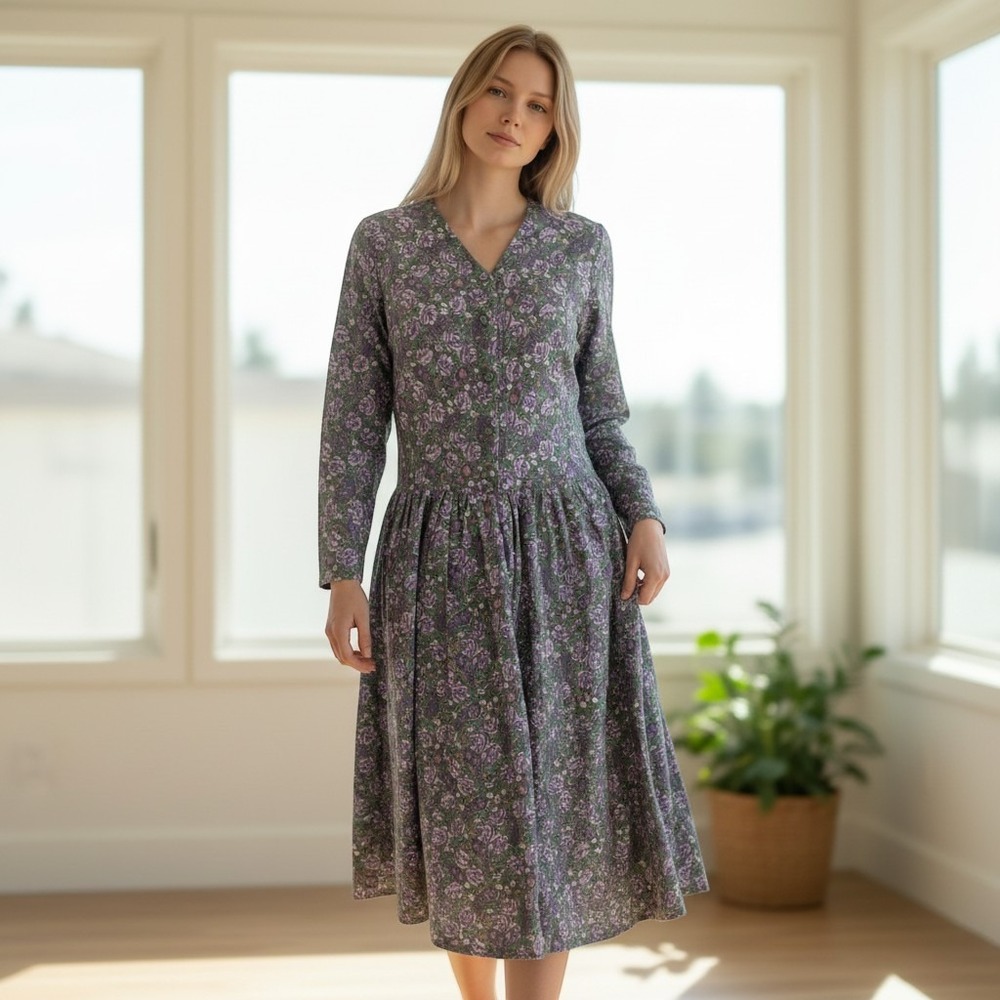 Vintage Laura Ashley Floral Paisley Cotton Midi Dress Purple Green Made in UK 12